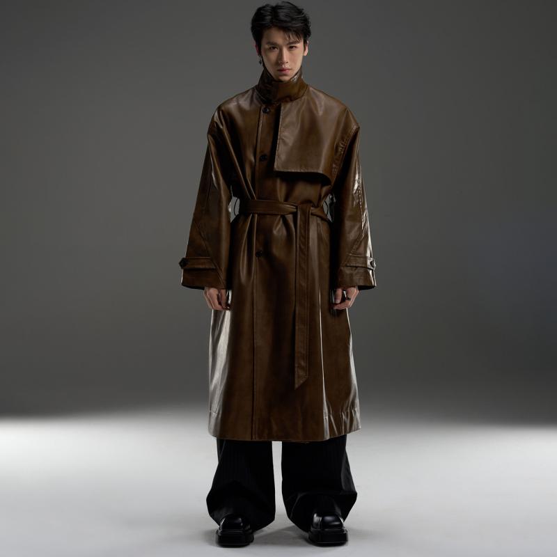 メンズ ファッション 服 男性用 シンプル かっこいい 大人 ストリート カジュアル ビジネス 通勤 ロング トレンチコート セグメント シルエット 快適 立体 PUレザーコート