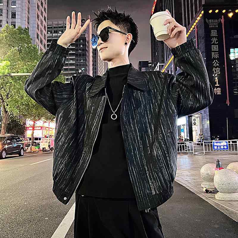 メンズ 流行り物 服 成人男性用   分かりやすい かっこいい 成年者 春コーデ  ハイエンド しろがね色縞模様 上衣 心地よい 冷やりとした 服