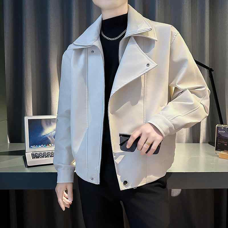 メンズ ファッション 服 男性用 シンプル かっこいい 大人 春コーデ ホワイト バイク PUレザー ジャケット 服 ハイエンド 防風 PUレザー ジャケット