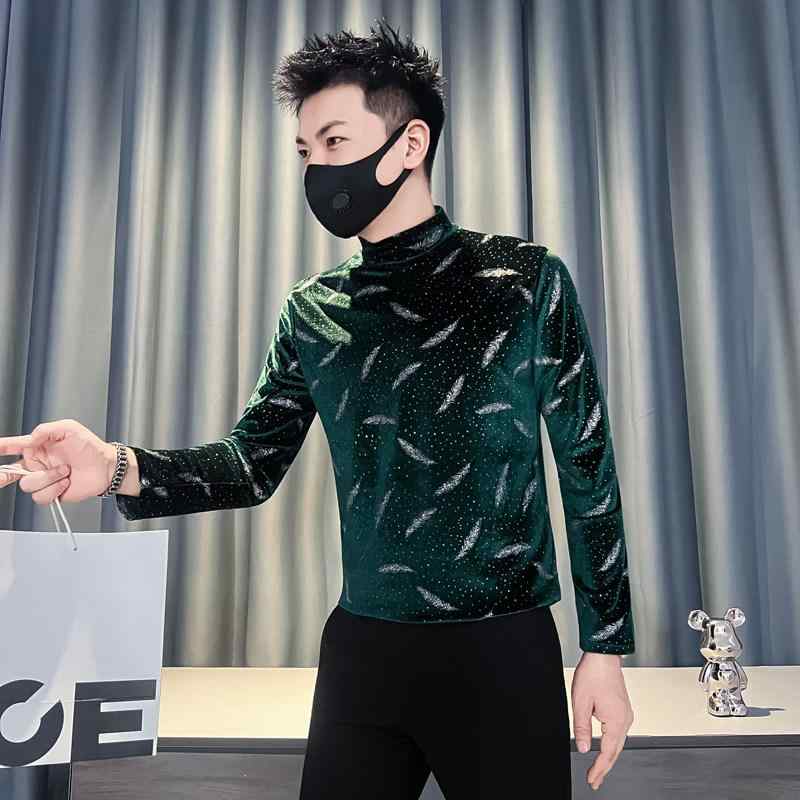 メンズ ファッション 服 男性用 シンプル かっこいい 大人 春コーデ グリーン Tシャツ 長袖 星柄 ラインストーン インナー