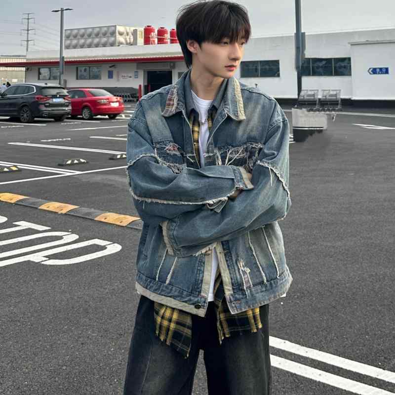メンズ ファッション 服 男性用 シンプル かっこいい 大人 春コーデ アメリカン ストリート オールドウォッシュド デニム ジャケット ローエッジ ジャケット