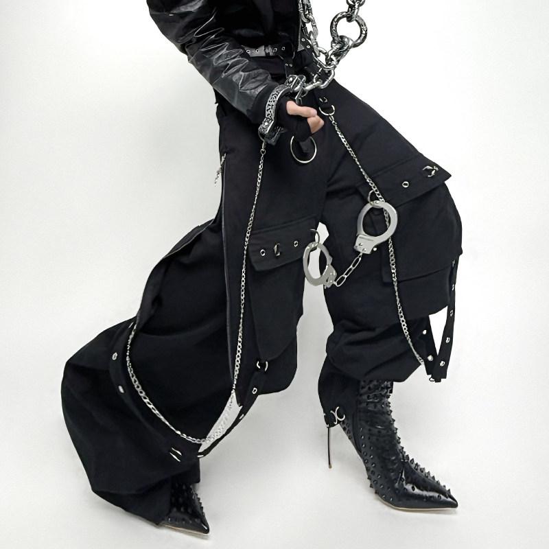 メンズ 流行り物 服 成人男性用   分かりやすい かっこいい 成年者 春コーデ  ダブルレイヤーレースアップ ズボン下 パンクスタッズ チェーン店かざり付ける付き添い人