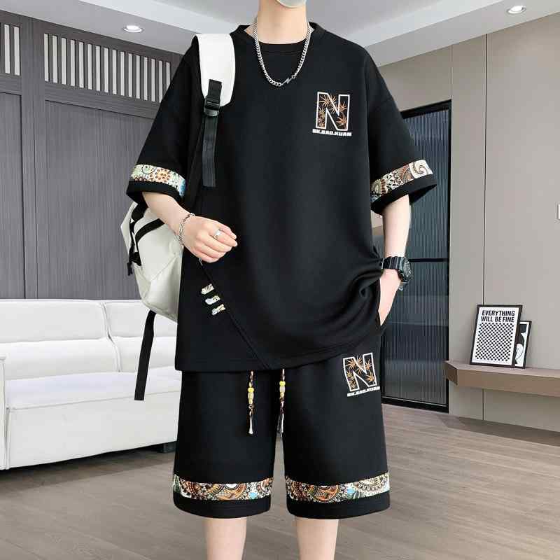 メンズ ファッション 服 男性用 シンプル かっこいい 大人 春コーデ カジュアル スーツ ラウンドネック 半袖 Tシャツ パンツ ツーピーススーツ