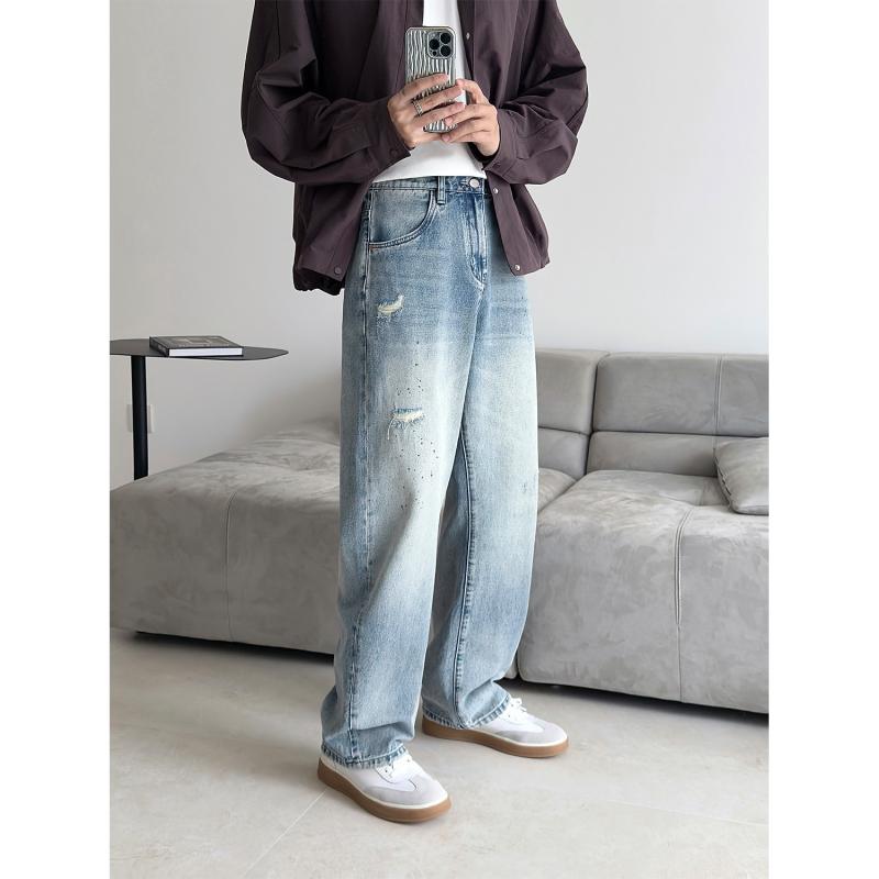メンズ ファッション 服 男性用 シンプル かっこいい 大人 春コーデ ダメージ加工 ペイントスプラッター ストレート レッグ ジーンズ ゆったり カジュアル 快適 パンツ |リコット