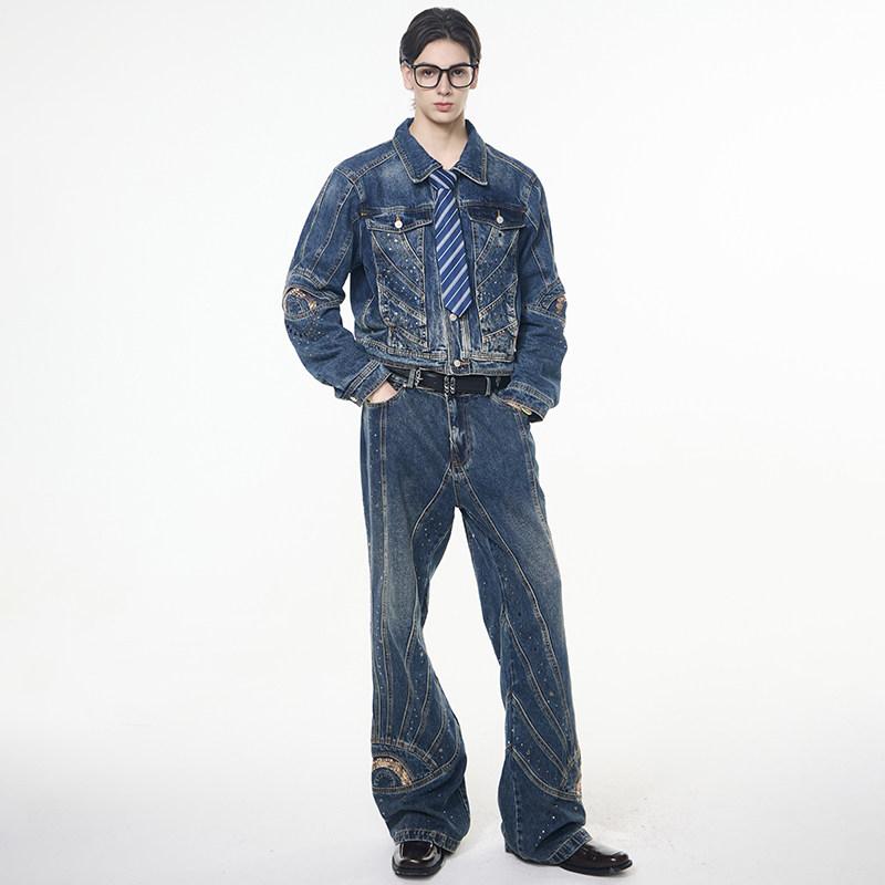 メンズ ファッション 服 男性用 シンプル かっこいい 大人 春コーデ レトロ スタッズ ジャケット ダメージ加工 ワイドレッグ パンツ グリッター デニム スーツ