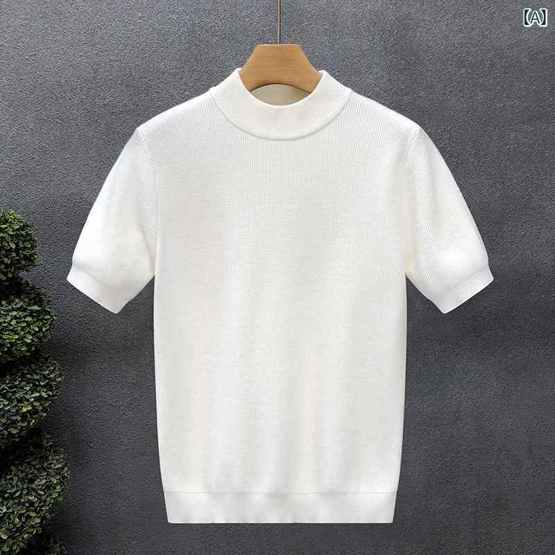 メンズ ファッション 服 男性用 シンプル かっこいい 大人 春コーデ ホワイト 半袖 ニット セーター ハイネック 半袖 セーター ベースレイヤー