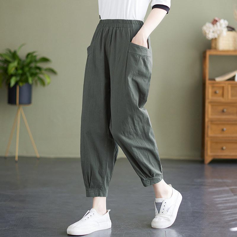 レディース ゆったり ハイウエスト スキニー クロップド丈 リネン キャロット パンツ