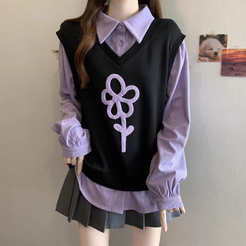 レディース 背広 長袖 プルオーバー 花柄 ポロ 色合い トップス