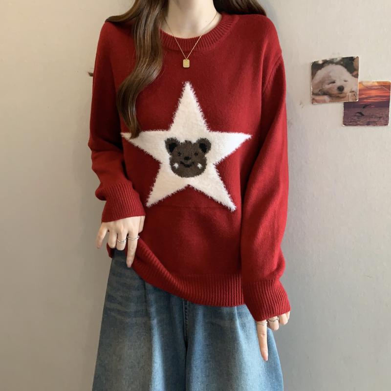 赤星 クマ ニット セーター レディース ゆったり フィット スタイリッシュ トップス