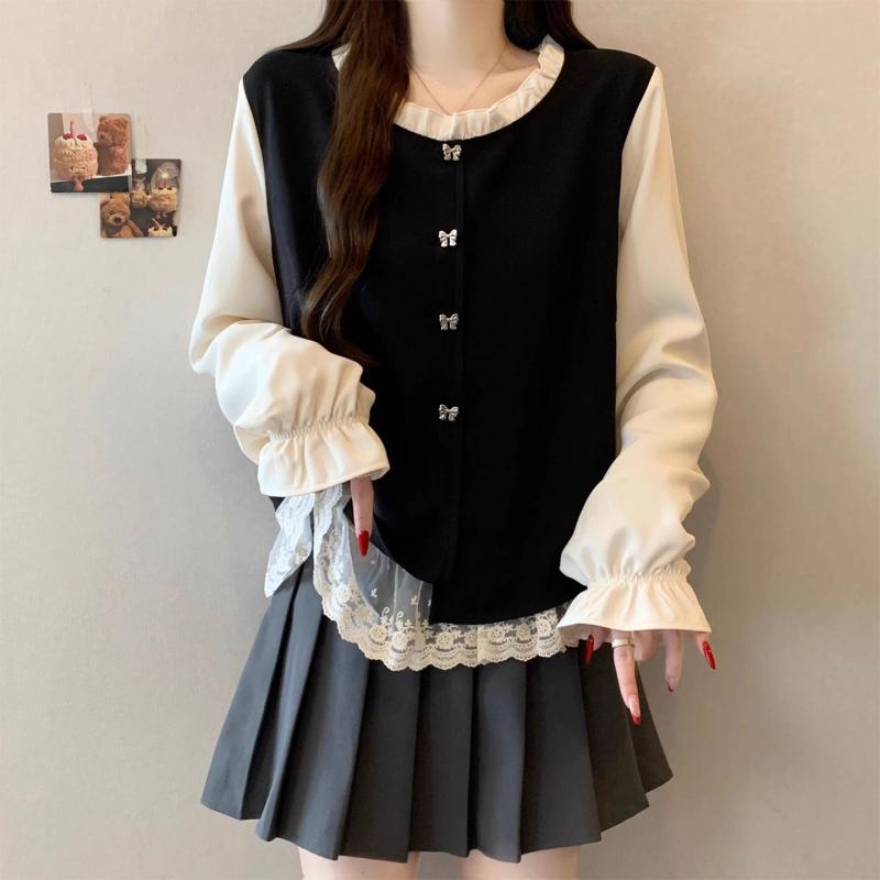 フェイクツーピース 黒 長袖 シャツ 婦人服 レディース ゆったり フィット スタイリッシュ かわいい トップス