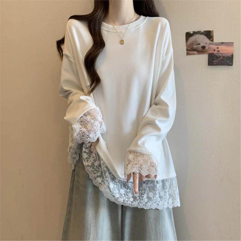 裾 レース トリム レディース 白 長袖 シャツ ゆったり フィット ロング ヒップ カバー トップス シャツ