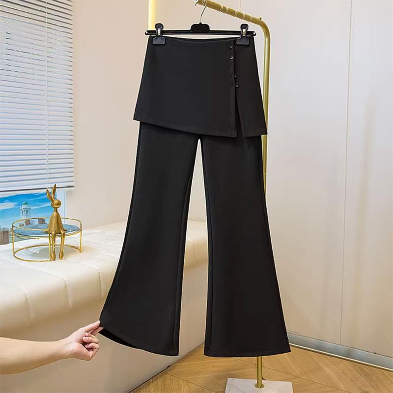 レディース フェイクツーピース フレア パンツ スリミング ハイウエスト 快適 ワイドレッグ パンツ