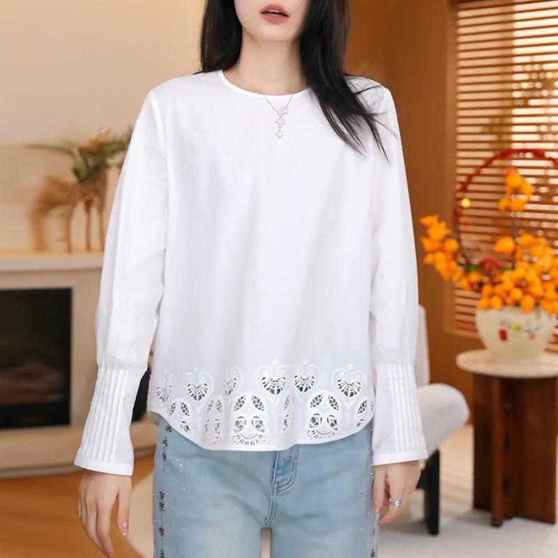 無地 ロング スリーブ ラウンドネック シャツ レディース ゆったり フィット スリミング シンプル トップス