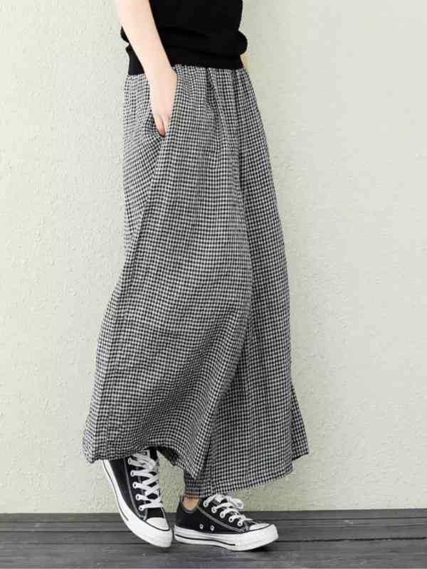 トップス レディース リネン チェック柄 クロップド ワイドレッグ パンツ スカート カジュアル ロング コットン リネン ゆったり ストレート