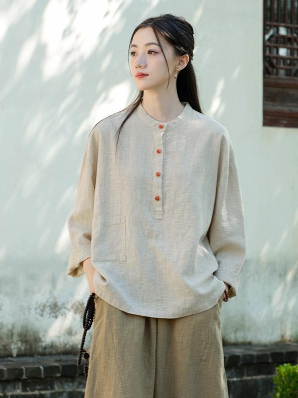 婦人服 レディース スタンドカラー プルオーバー ボタン トップス 綿 リネン 茶道 スーツ シャツ トップス