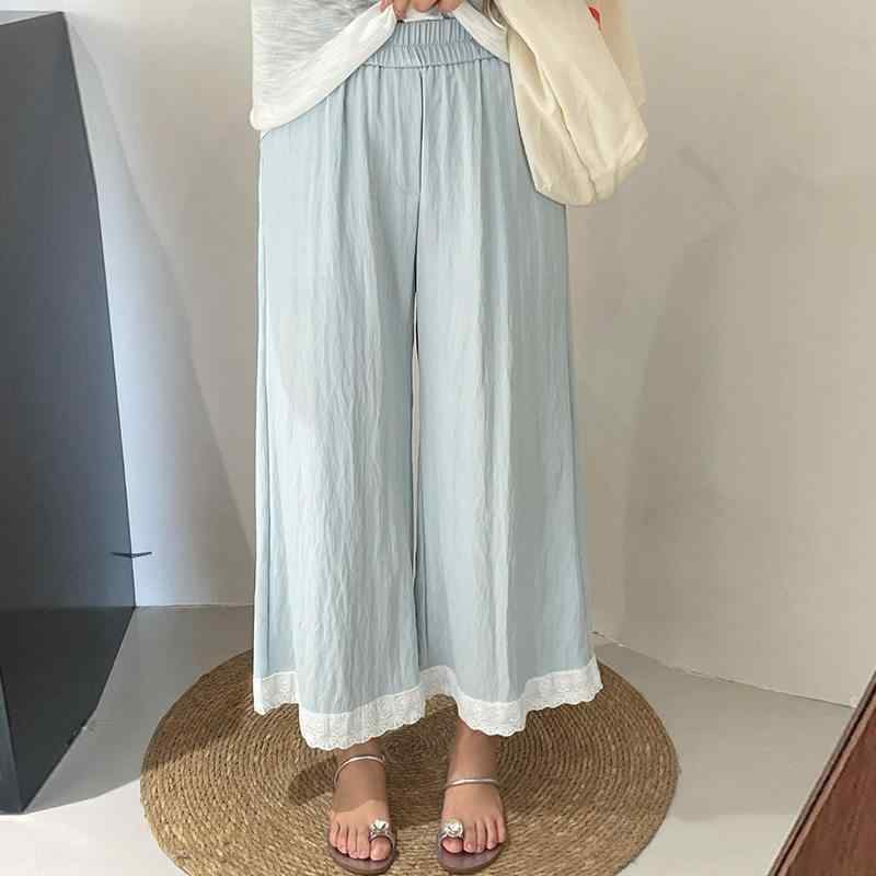 レディース レース トリム クロップド丈 ゆったり ストレート レッグ ワイド パンツ ハイウエスト カジュアル パンツ