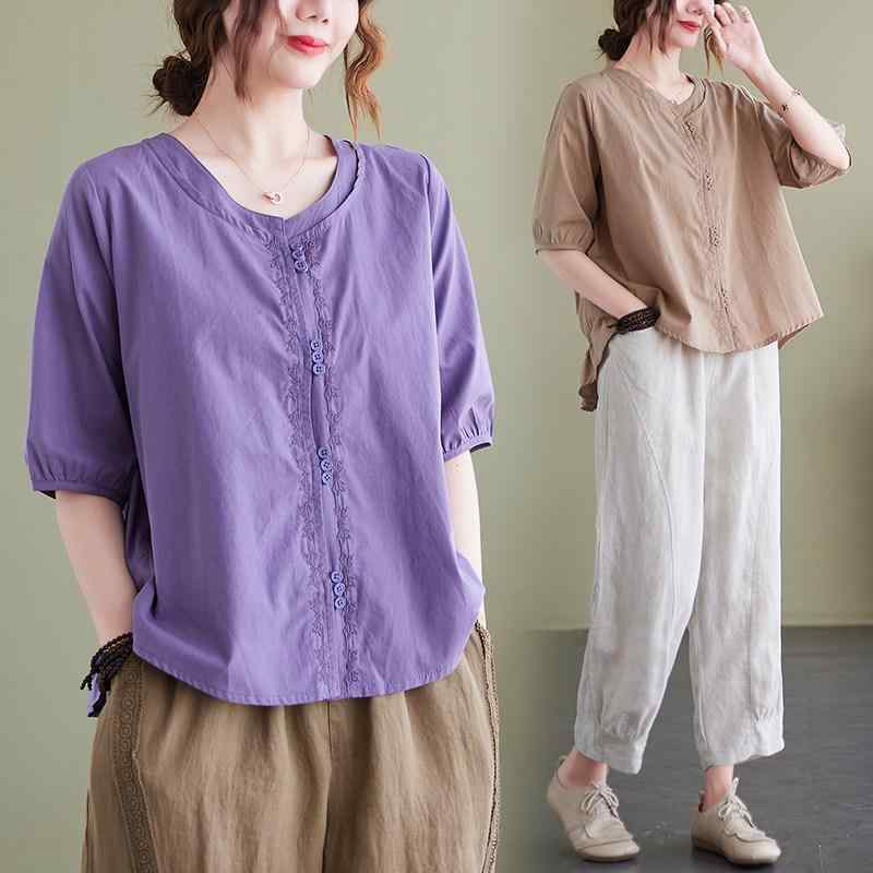レディース イタリアン アウト レトロ シャツ ミドル スリーブ 薄手 ゆったり リネン コットン トップス