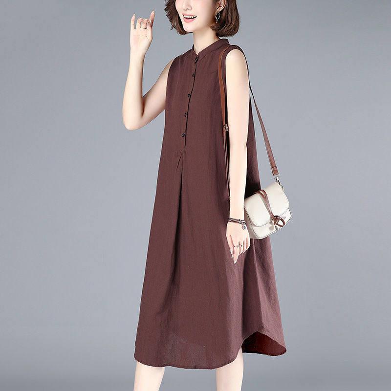 婦人服 レディース レトロ リネン ノースリーブ ワンピース レディース ミドル丈 スカート ロング スカート