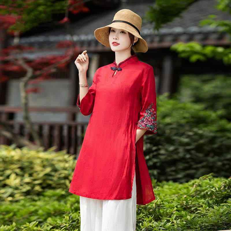 婦人服 レディース ボタン 七分袖 スタンドカラーコットン リネン シャツ トップス