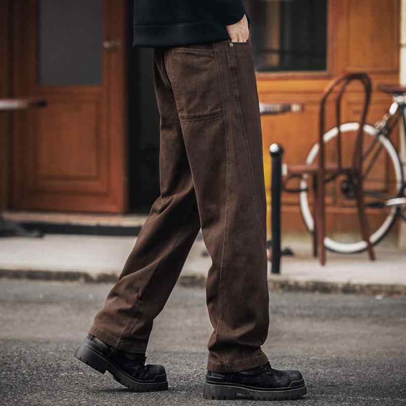 アメリカン レトロ ストレート レッグ カーゴ パンツ メンズ 秋 フリース 裏地付き ゆったり ワイドレッグ カジュアル パンツ |リコット