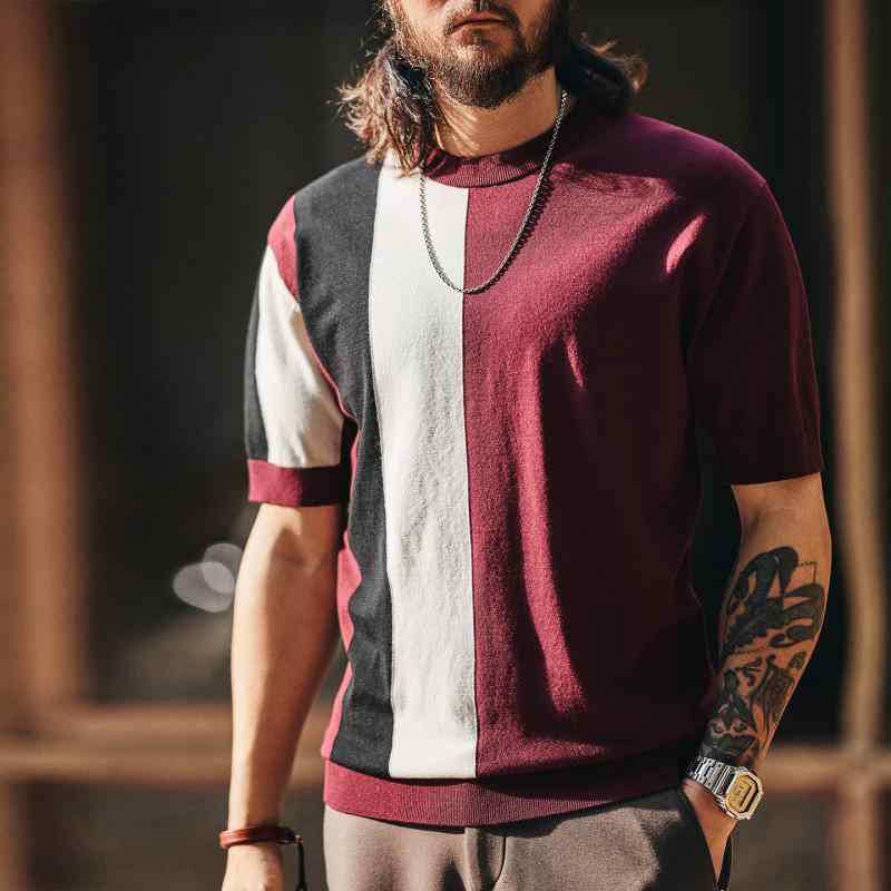 アメリカン レトロ カラーブロック 半袖 Tシャツ メンズ 夏 カジュアル トップス
