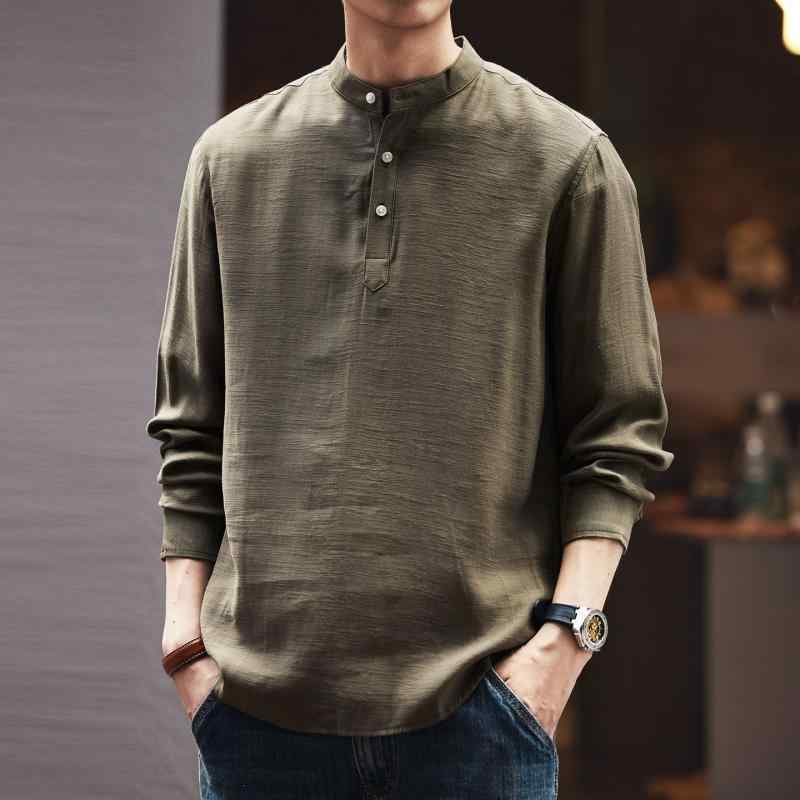 レトロ リネン 混紡 メンズ 長袖 シャツ 秋 アジアン ヘンリーカラー シャツ