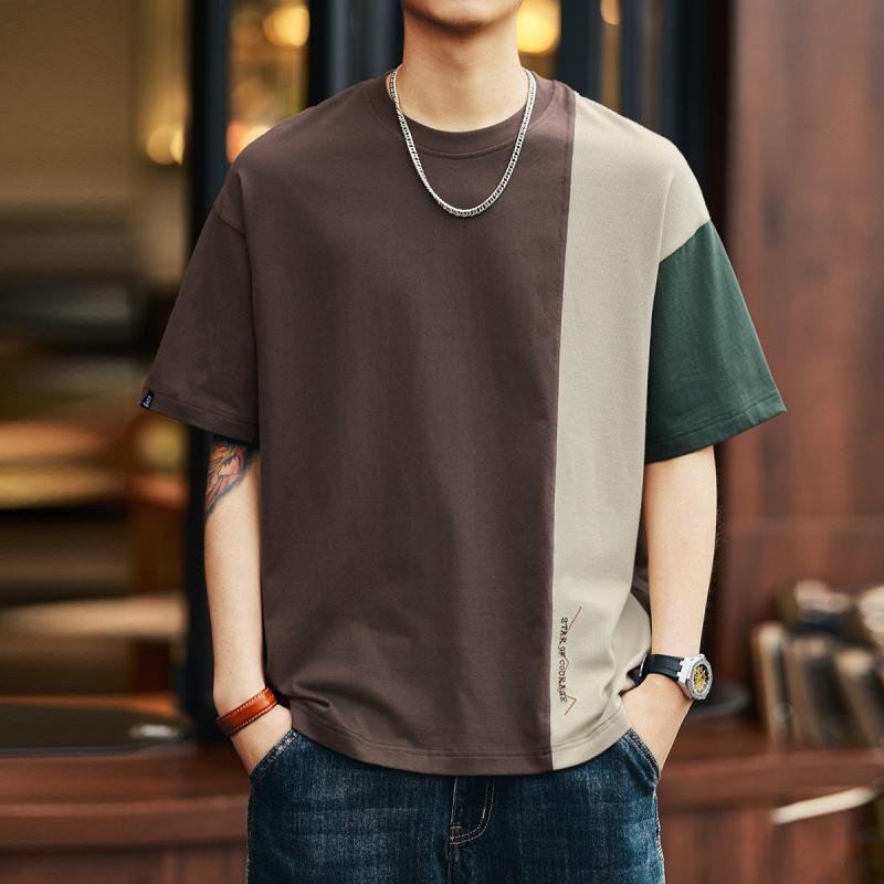 アメリカン レトロ カラーブロック メンズ 半袖 Tシャツ 夏 コーデ スタイル ゆったり トップス