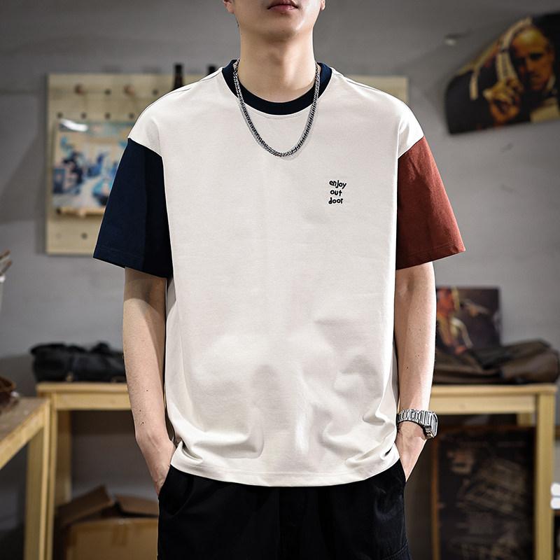 涼 通気性 半袖 Tシャツ メンズ ゆったり フィット カジュアル 夏 カラーブロック 半袖 Tシャツ