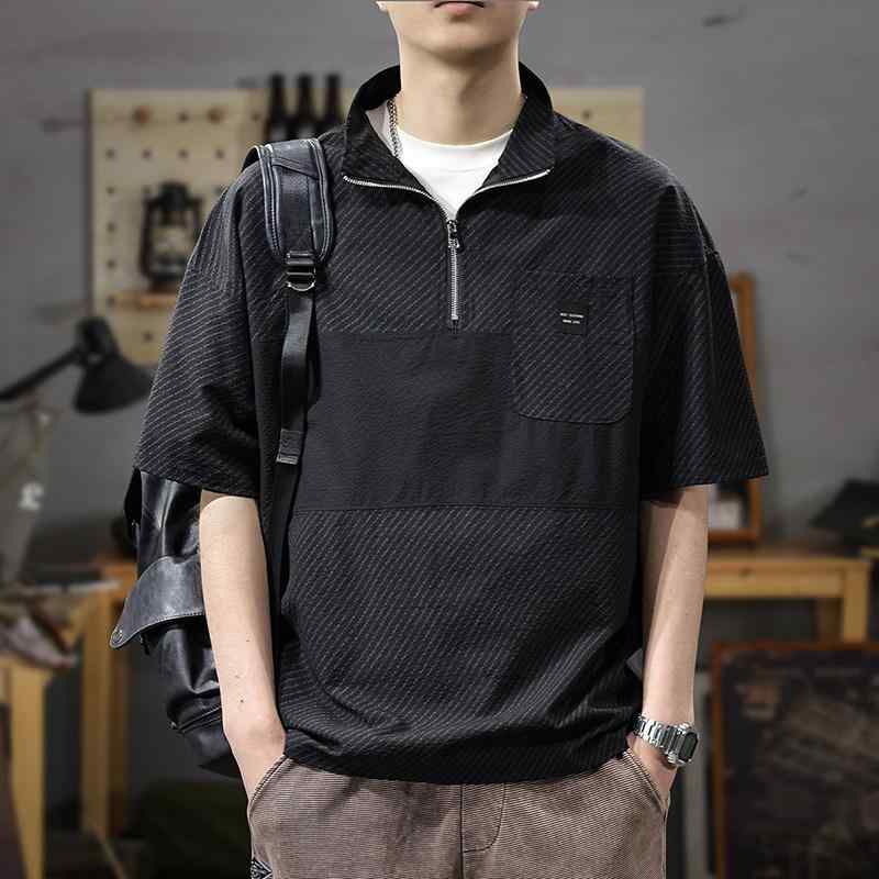 アメリカン ハーフジップ ポケット ポロシャツ 半袖 Tシャツ メンズ 薄手 ゆったり 大きいサイズ 半袖 Tシャツ