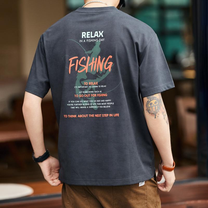 アメリカン スタイル フィッシング プリント Tシャツ メンズ 夏 ゆったり フィット クール クルーネック 半袖