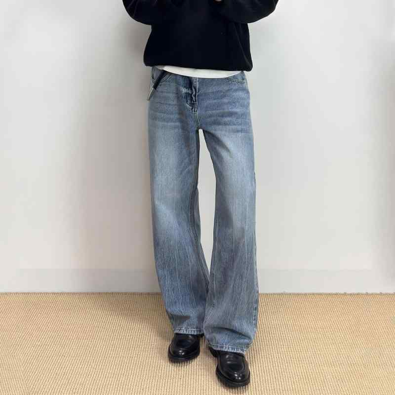 ブラック アイス ブルー クラックド ジーンズ メンズ 秋　冬 クリーンフィット Aライン ストレート レッグ ワイドレッグ パンツ