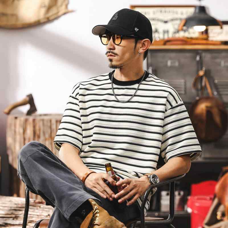 アメリカン レトロ ストライプ メンズ Tシャツ 半袖 夏 ゆったり カジュアル トップス