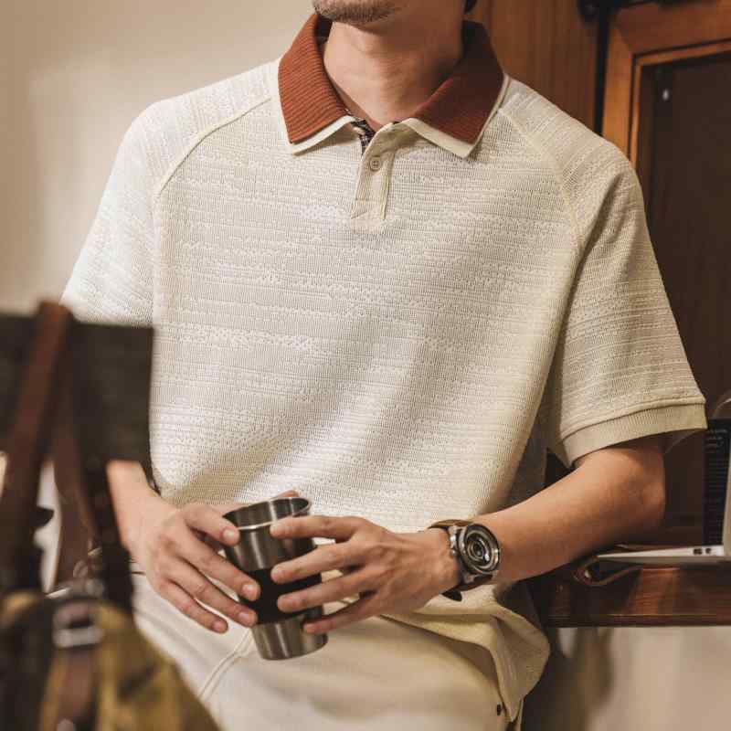 アメリカン レトロ 編み物 ジャカード スポーツシャツ 半袖 メンズ 夏 コーデ 心地よい フェイクツーピース プルオーバー ゆったり トップス