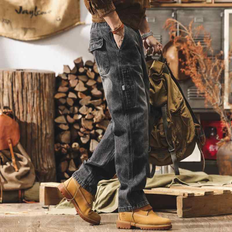 アメリカン レトロ ウォッシュ カーゴ パンツ メンズ ストレート レッグ 春 ジーンズ メンズ ゆったり カジュアル パンツ ｜リコット