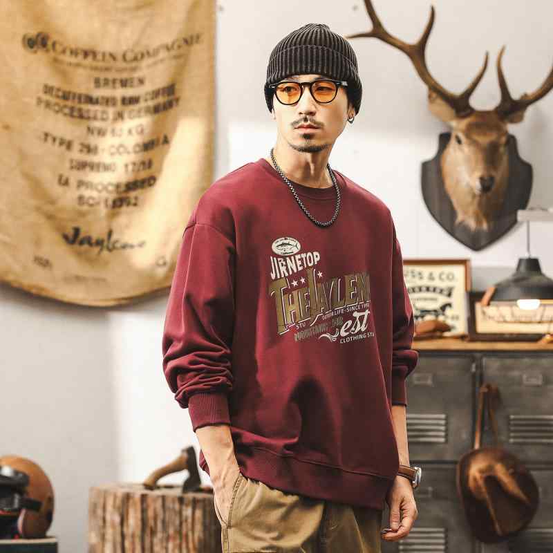 アメリカン レトロ 赤 メンズ スウェット シャツ 春 ラウンドネック ゆったり フィット 長袖