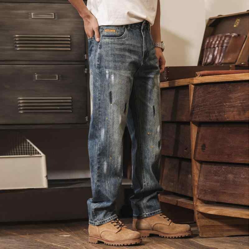 アメリカン レトロ ストリート スタイル ウォッシュ加工 ペイントスプラッター加工 メンズ ジーンズ 春 ゆったり ストレート レッグ カジュアル パンツ