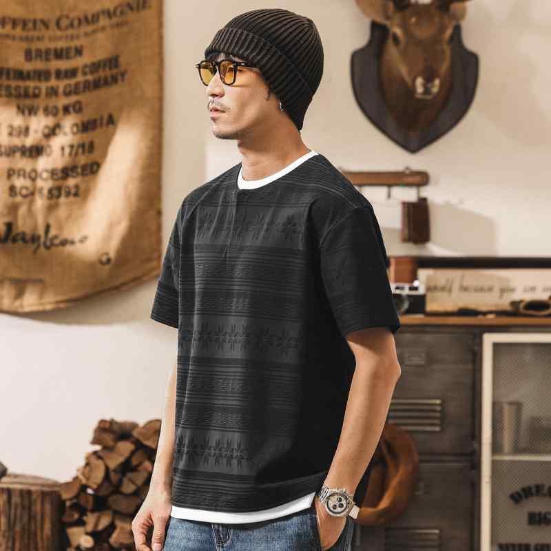 メンズ ジャカード 半袖 ティーシャツ 夏 コーデ 表現スタイル アメリカン レトロ ルック ゆったり 心地よい トップス