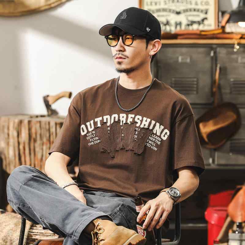アメリカン レトロ コットン Tシャツ 半袖 メンズ ゆったり アップリケ プリント トップス