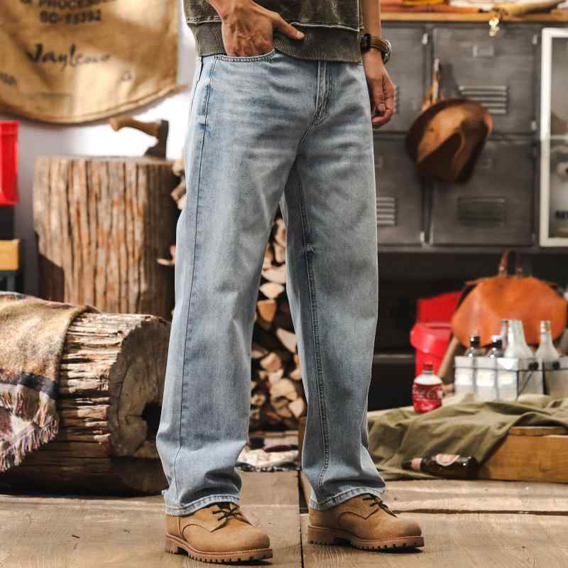アメリカン 点火装置 青色 レトロ 引っ切り無い レッグ デニム メンズ 春 秋 ロング ズボン下 ゆったり 填まる 気が大きい大きさ 心地よい ズボン下