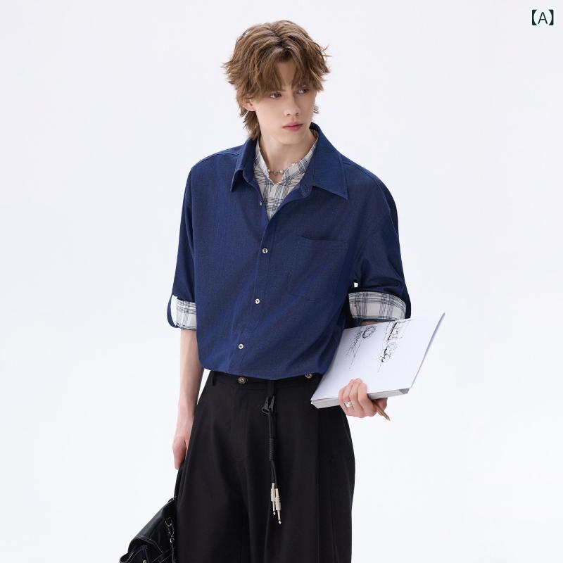 春秋 コーデ 冷感 デニム チェック柄 ダブル カラー 長袖 シャツ メンズ ビジネス カジュアル スタイル ゆったり フィット