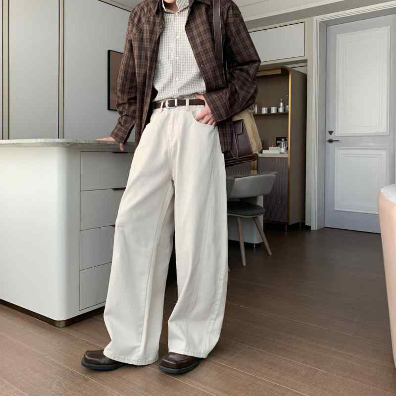 メンズ ホワイト デニム ジーンズ ゆったり フィット ストレート レッグ 綿 ワイドレッグ パンツ