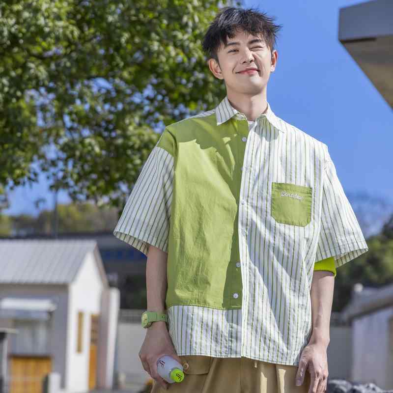 大人用 アボカドカラー マッチング 半袖 シャツ メンズ 夏服 ゆったり 半袖 ストライプ カジュアル シャツ