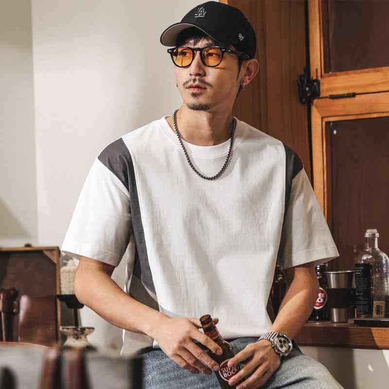 カラーブロック ひんやり コットン 素材 メンズ 半袖 Tシャツ 夏 コーデ スタイル アメリカン カジュアル レトロ ゆったり トップス