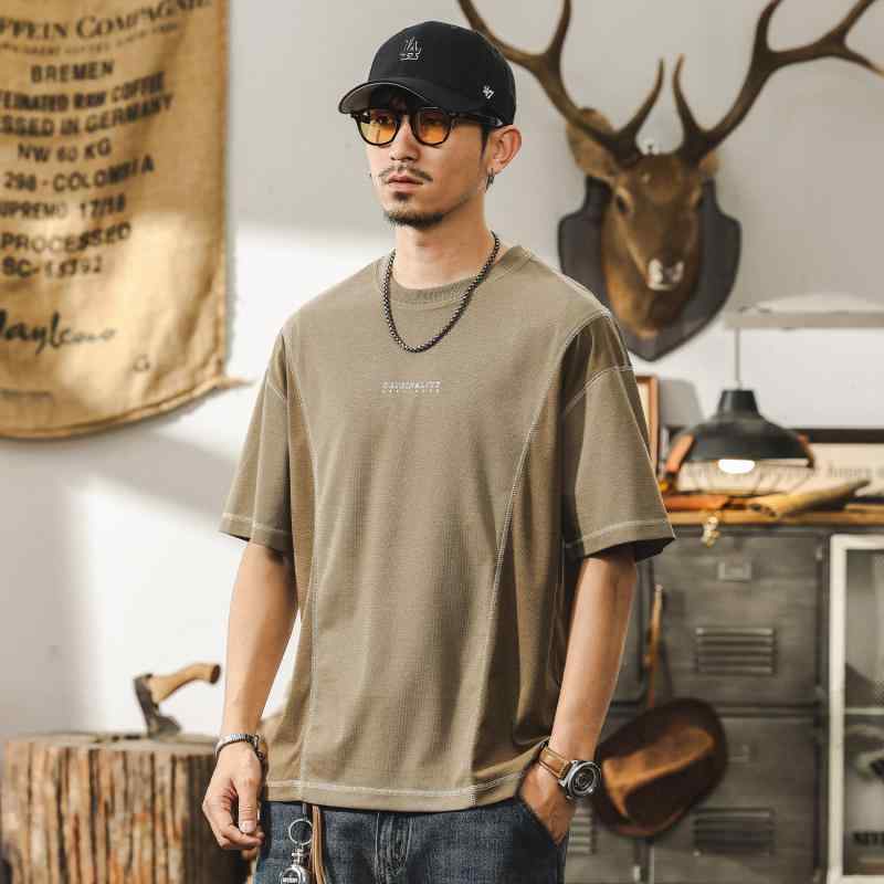 リヨ独居室 什独居室 カーキ 夏 コーデ ティーシャツ メンズ ゆったり 相応う 通気性 半袖 色合い差しつかえる 途轍も無い大いさ トップス Tシャツ・カットソー-メンズファッション