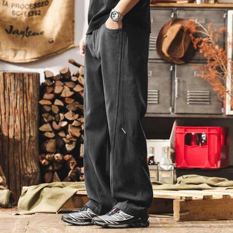 アメリカン レトロ フリース 裏地付き ワーク パンツ 冬 スタイル ゆったり ストレート レッグ 厚手 メンズ カジュアル パンツ