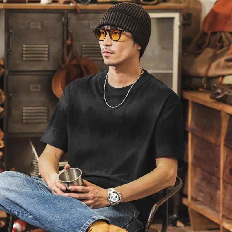 アメリカン レトロ グラデーション 黒いこと ジャカード ティーシャツ メンズ 夏 メンズ 半袖 ゆったり トップス トップス-Tシャツ・カットソー-メンズファッション