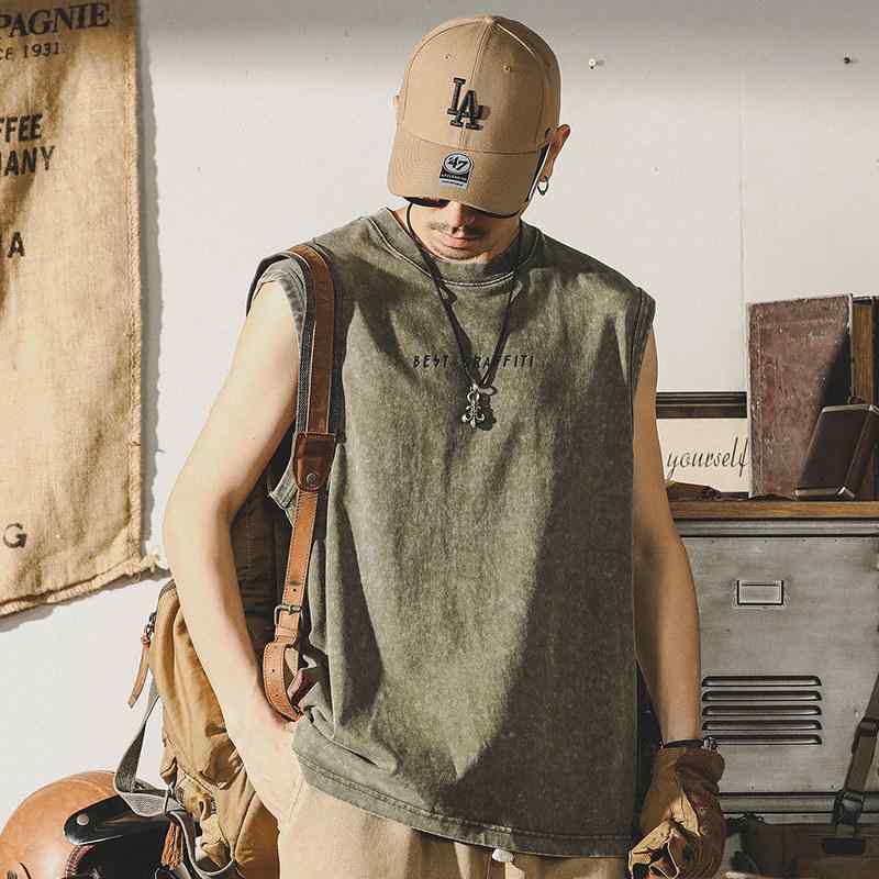 アメリカン レトロ カットスリーブ Tシャツ コットン ラウンドネック インウォッシュ プリント ベスト メンズ 夏 コーデ ウェア ｜リコット