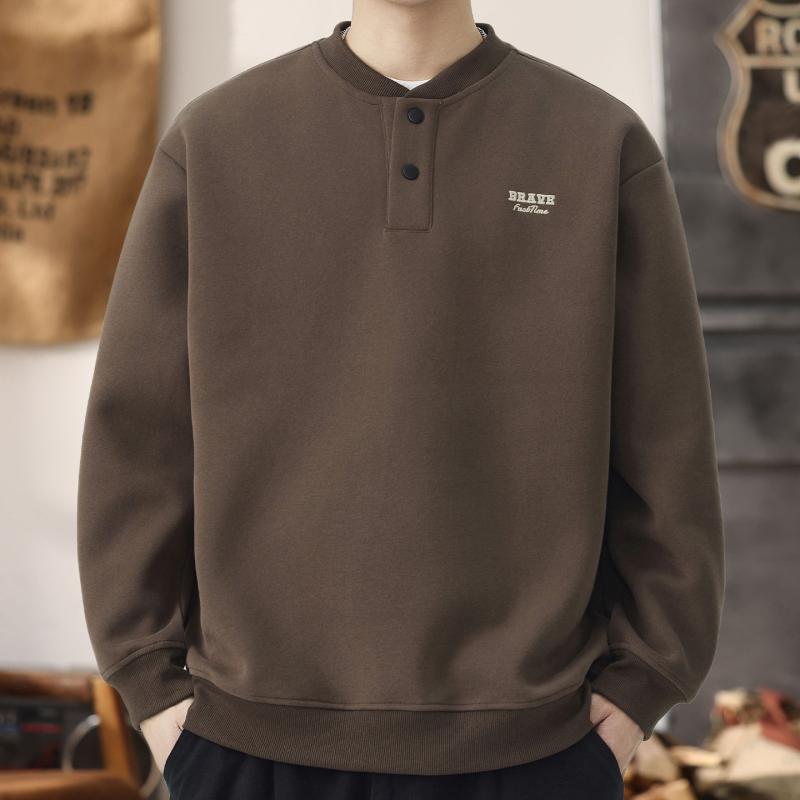 メンズ 男性用 ブラウン ニット スウェット シャツ 秋 冬 ゆったり フィット ハーフ ボタン トップス ニット ベースレイヤー スポーツ トップス