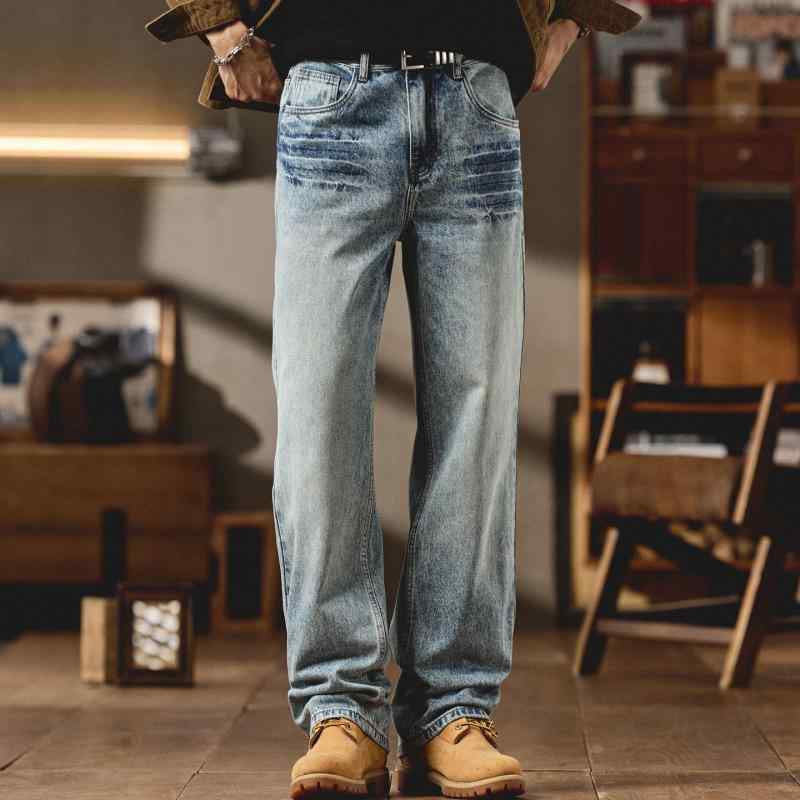 春 秋 コーデ アメリカン レトロ 喨喨たる相応う ともし火 青み デニム メンズ 引っ切り無い レッグ 相応う ロング ズボン下