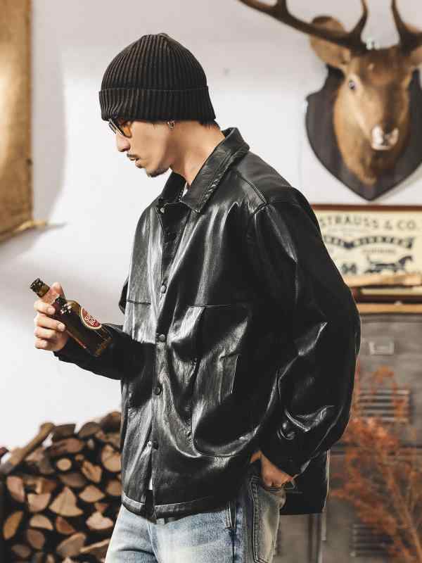 メンズ 男性用 アメリカン レトロ ソフト PUレザー ジャケット ゆったり フィット スタイル 男性用 シャツ |リコット